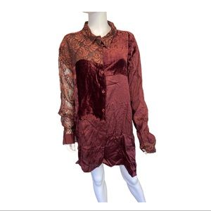 Patchwork Boho Top | Venezia | Women's 3X Maroon color with lace & velvet detail